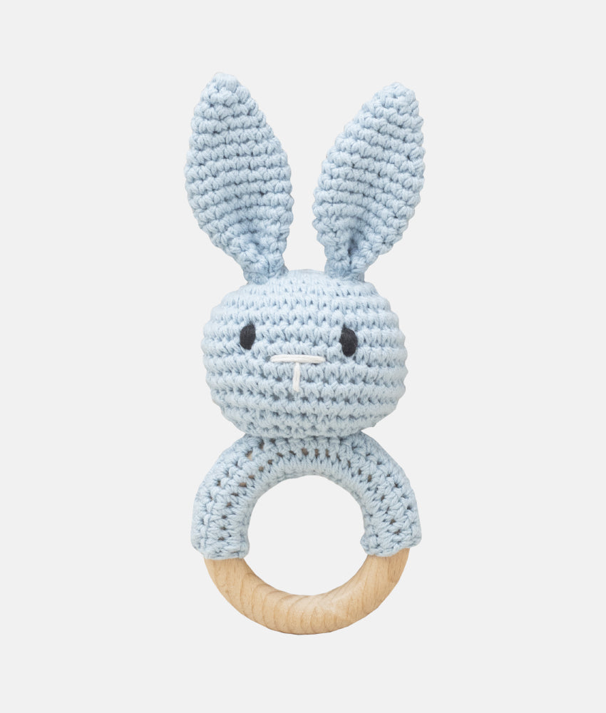 Elegant Smockers LK | Crochet Bunny Wooden Baby Rattle - Blue | Sri Lanka
