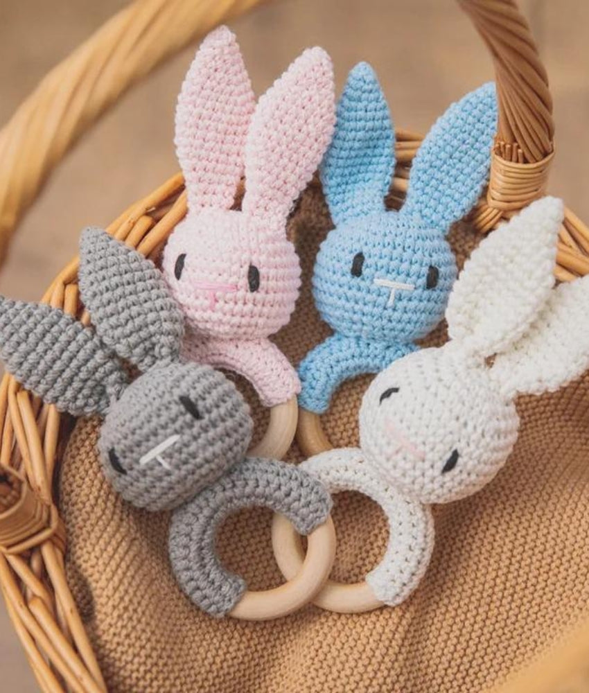 Elegant Smockers LK | Crochet Bunny Wooden Baby Rattle - White | Sri Lanka 